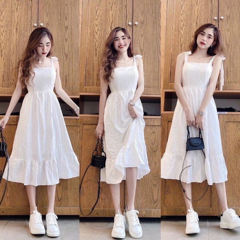 Đầm Váy Trắng Dáng Dài Cộc Tay Cổ Vuông Tay Nơ Mặc Dự Tiệc Đi Du Lịch Full Size S M L | BigBuy360 - bigbuy360.vn