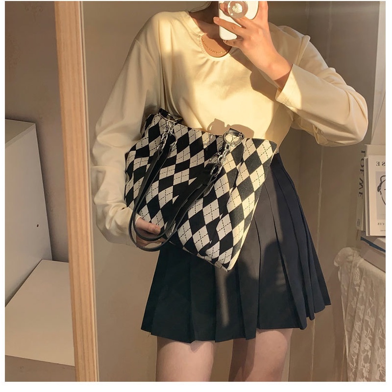 Dela Túi Xách tote canvas Sọc Caro Trắng Đen Sức Chứa Lớn Thời Trang Chất Lượng Cao Cho Nữ