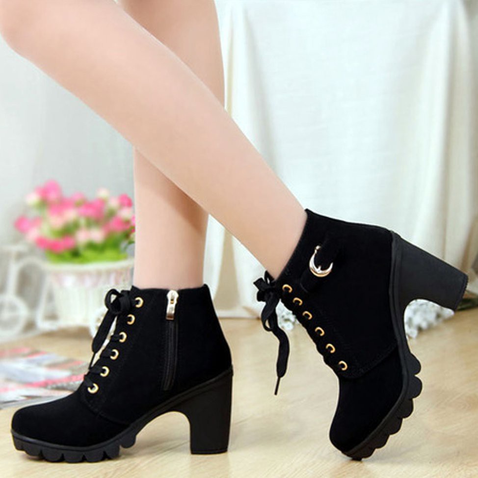 Fashion Women High Heel Lace Up Side Zipper Buckle Ankle Boots Suede Shoes