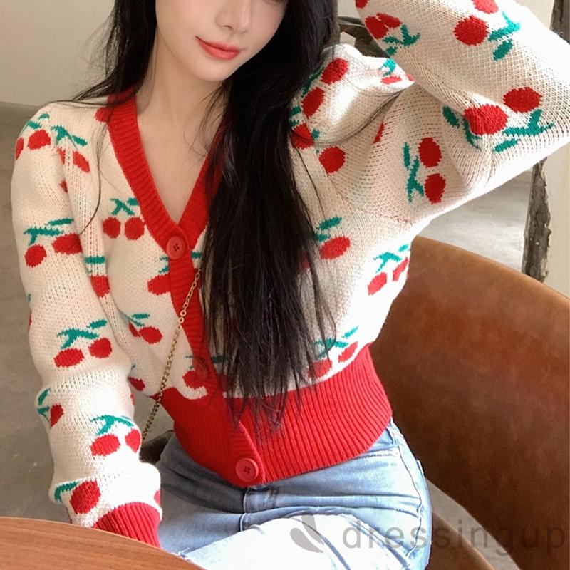 Áo khoác cardigan dệt kim cổ chữ V in họa tiết quả cherry phong cách cổ điển cho nữ