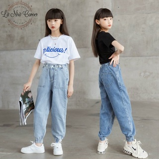 Quần bò jeans jogger bé gái mềm mại co giãn thoải mái phía trước khuy cài khóa, kéo phía sau lưng thun size đại 23-55kg