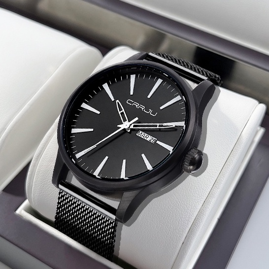 Đồng hồ thạch anh CRRJU 2108 M mỏng bằng thép không gỉ chống nước cho nam