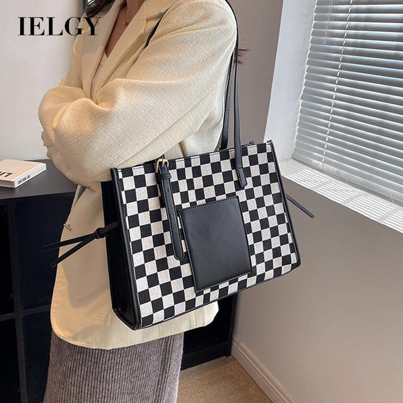 Túi tote đeo vai IELGY họa tiết kẻ sọc ca rô phong cách cổ điển thời trang dành cho nữ