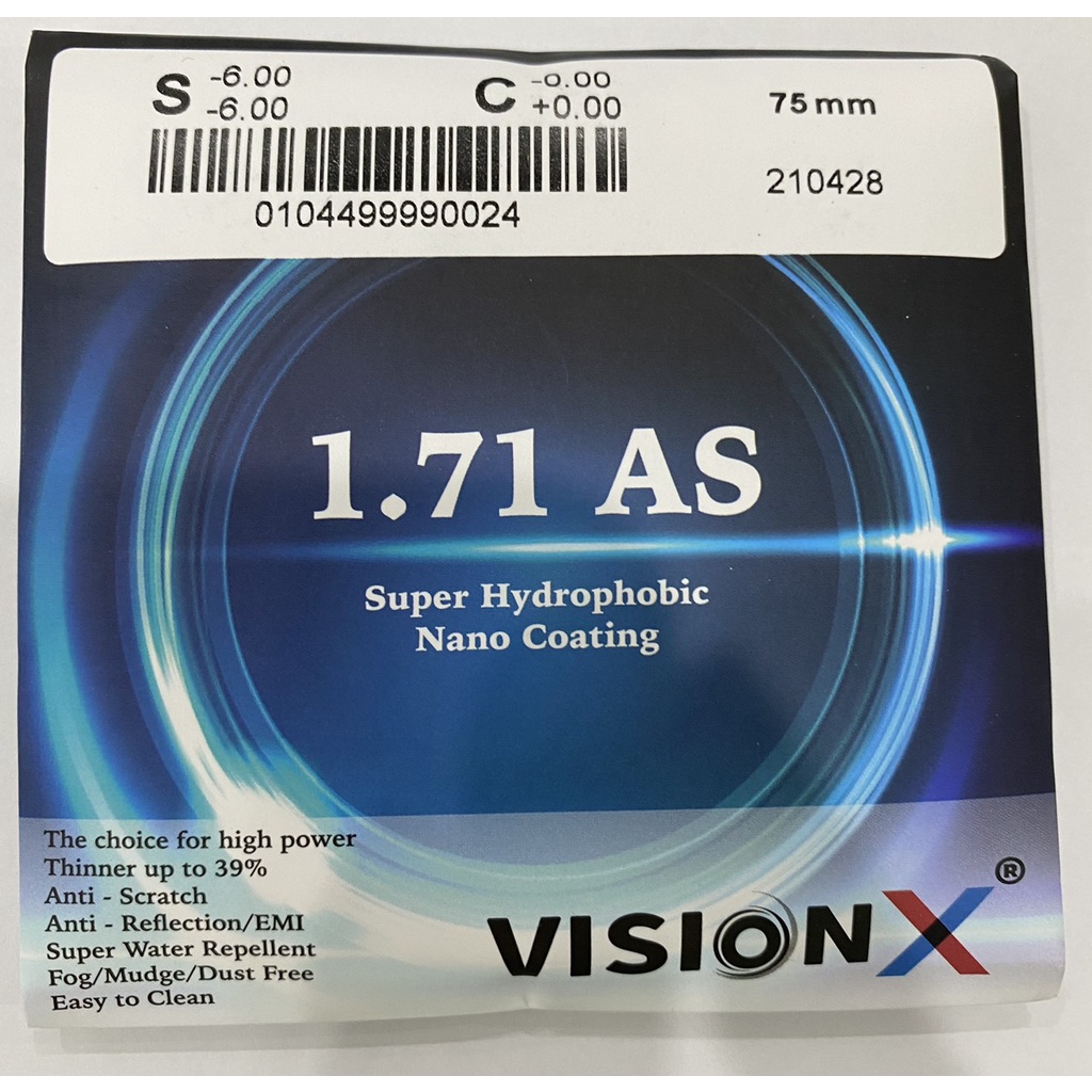 Tròng Kính Vision X 1.71 AS SUPER HYDROPHOBIC NANO COATING Siêu Mỏng Nhẹ Vượt Trội Singapore Chính Hãng