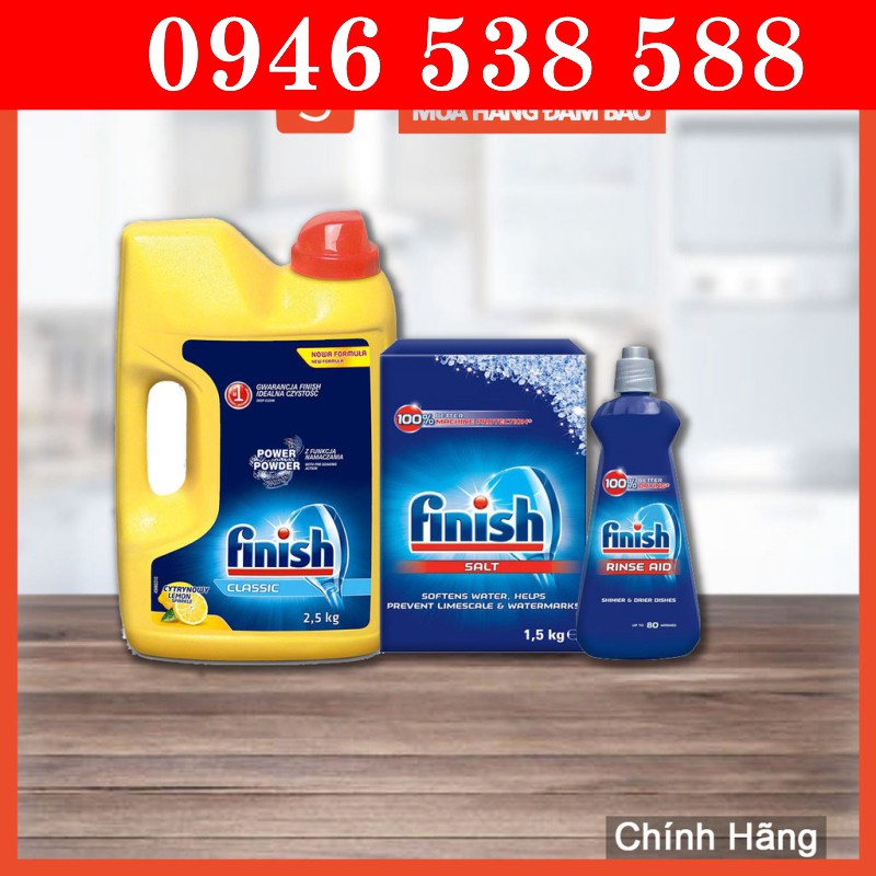 Combo rửa bát Finish Bột 2.5kg + Muối Finish 1.2kg + Nước làm bóng bát finish 400ml
