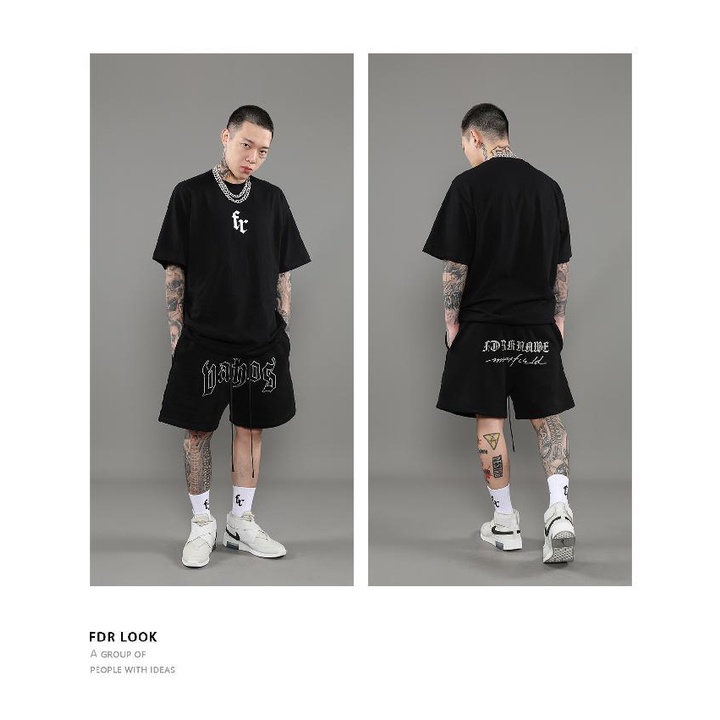 Quần short cotton ống rộng thêu họa tiết chữ thời trang Mỹ cá tính cho nam và nữ