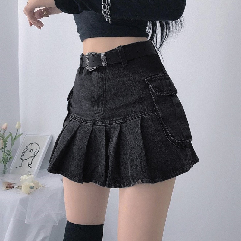 Chân váy jean Mini Phối Thắt Lưng In Hình Đầu Lâu Phong Cách Harajuku Y2k Cá Tính Cho Nữ | BigBuy360 - bigbuy360.vn