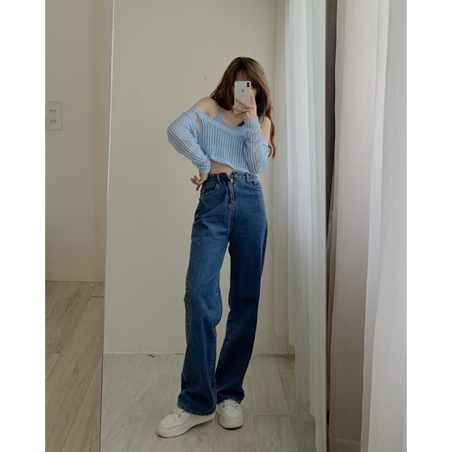 Set áo trễ vai len lướt kèm yếm dây kẻ sọc 743