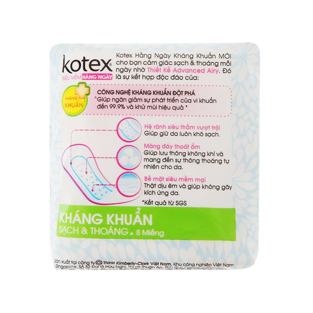 Băng vệ sinh hàng ngày Kotex siêu mềm kháng khuẩn 8 miếng