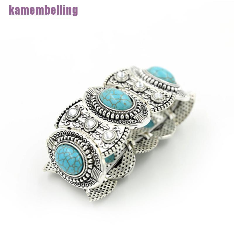 Vòng Tay Bạc Tây Tạng Đính Đá Ngọc Lam Tự Nhiên Phong Cách Boho Cổ Điển Dành Cho Nữ