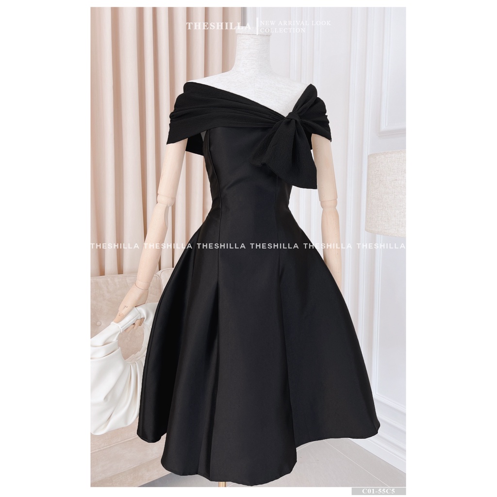 Váy thiết kế cao cấp màu đen lệch vai form xòe đính nơ ở ngực [ Có video + Ảnh thật ] The Shilla - C01-55C5