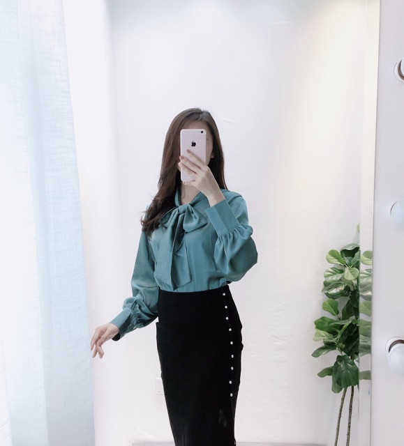 ⚡️LỤA MỀM⚡️Áo sơ mi lụa xanh cổ nơ | BigBuy360 - bigbuy360.vn