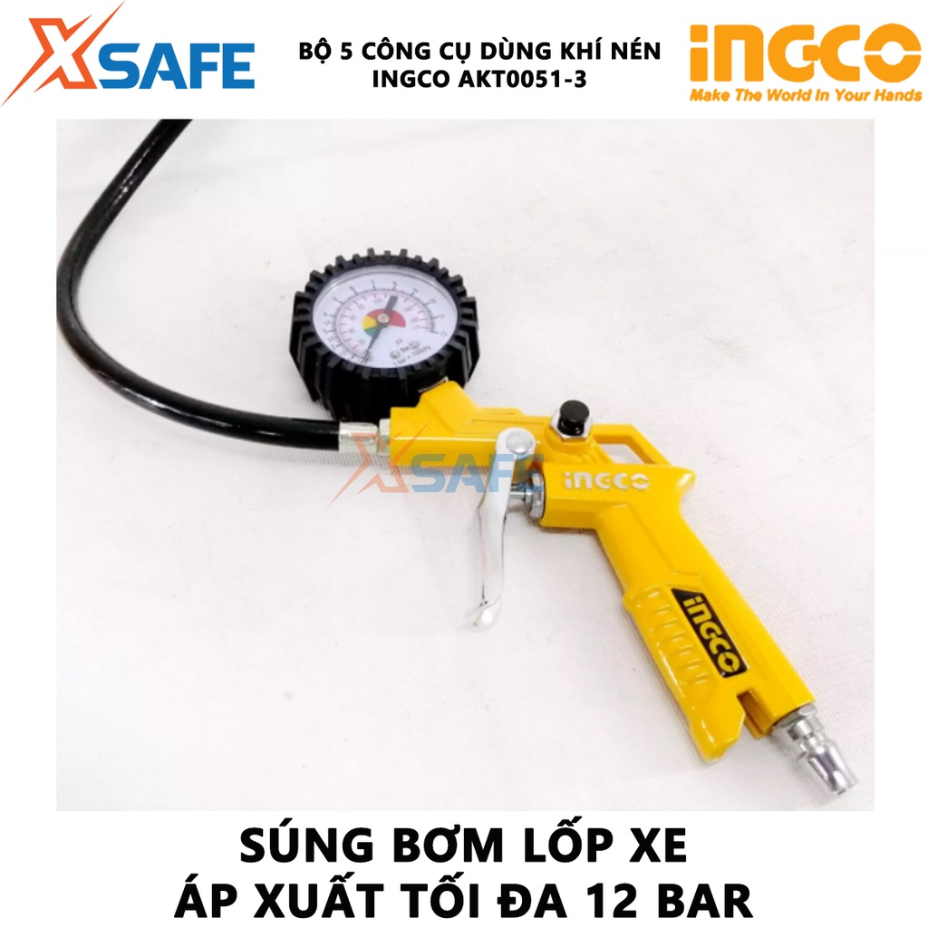 Bộ 5 công cụ dùng khí nén INGCO AKT0051-3 chất liệu cao cấp, chống chịu lực tốt, khớp nối kiểu Nhật Bản - chính hãng