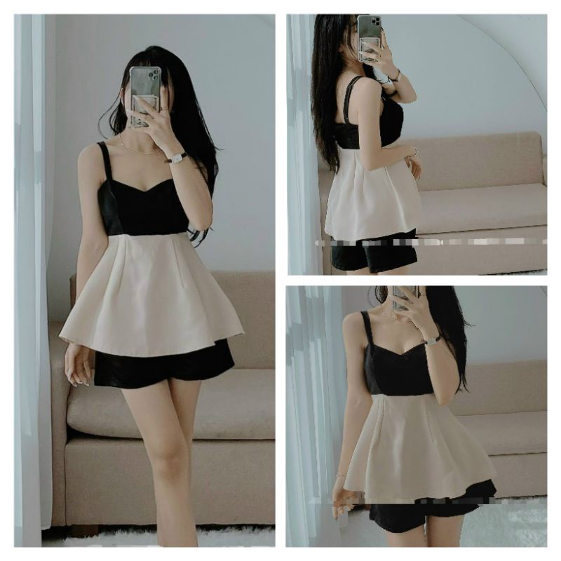 FREESHIP✅ Set áo 2 dây peplum mút ngực đen phối nude kèm quần short đen