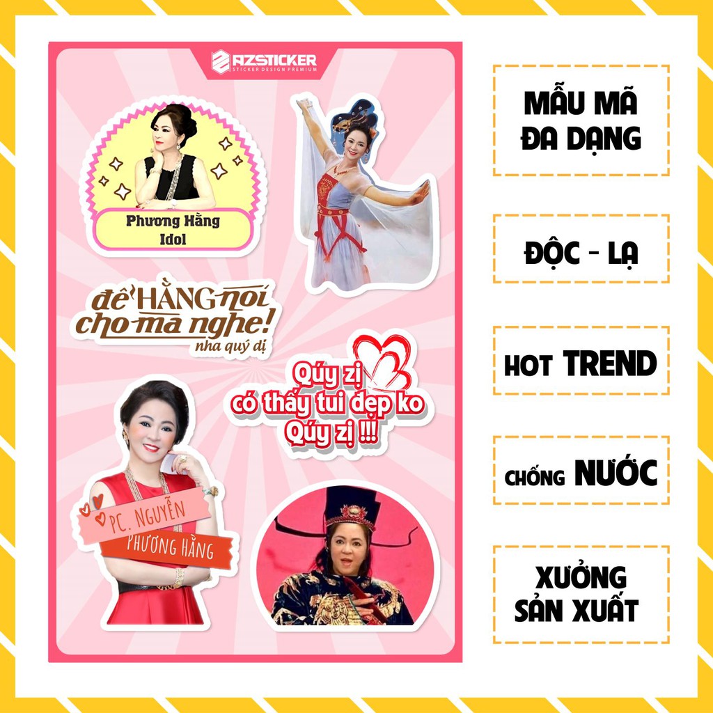 Hình Dán Cô Phương Hằng Meme - Sticker Dán Mũ Bảo Hiểm Chống Nước Cắt Sẵn Từng Hình Kích Thước A5