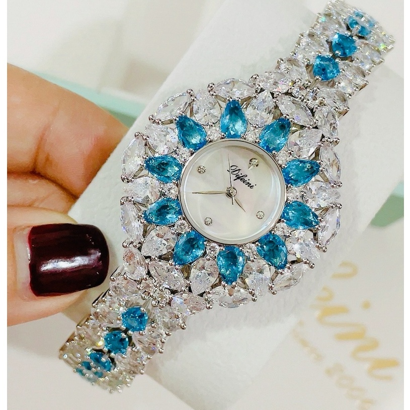 Đồng hồ đeo tay nữ, đồng hồ nữ DIFEINI full box, nạm kim cương nhân tạo siêu sang chảnh cho nữ, màu xanh thời trang