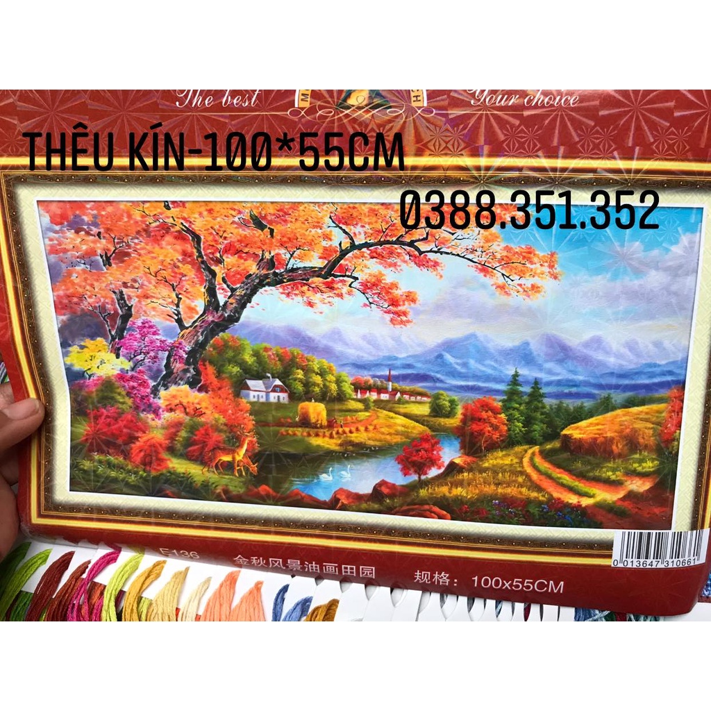 Tranh thêu chữ thập phong cảnh mùa thu mới thêu kín E136 100*55cm