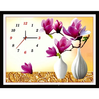 Tranh đính đá, Tranh thêu chữ thập Bình hoa ngọc lan_ đồng hồ 68x50cm LV057, LV3040 - tự thêu, tự đính)