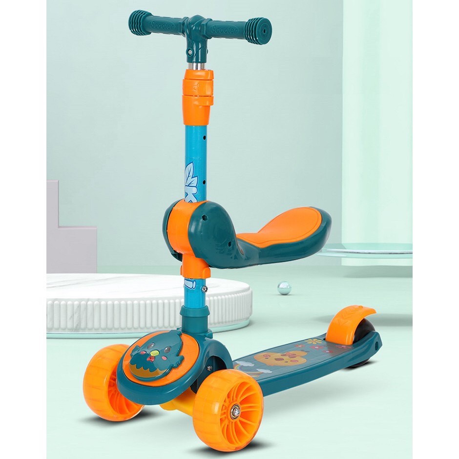 Xe trượt scooter cho bé vận động có ghế ngồi 3in1 gấp gọn, có nhạc, đèn, bánh phát sáng (Đỏ-Xanh-Tím-Hồng)