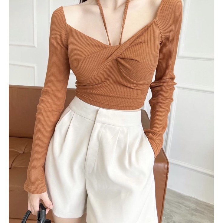 MINI TOP - ÁO CROP GÂN XOẮN CỘT CỔ