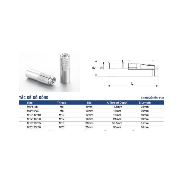 WIPCOOL Combo 10 Nở đóng inox ( nở đạn ) M6 M8 M10 M12