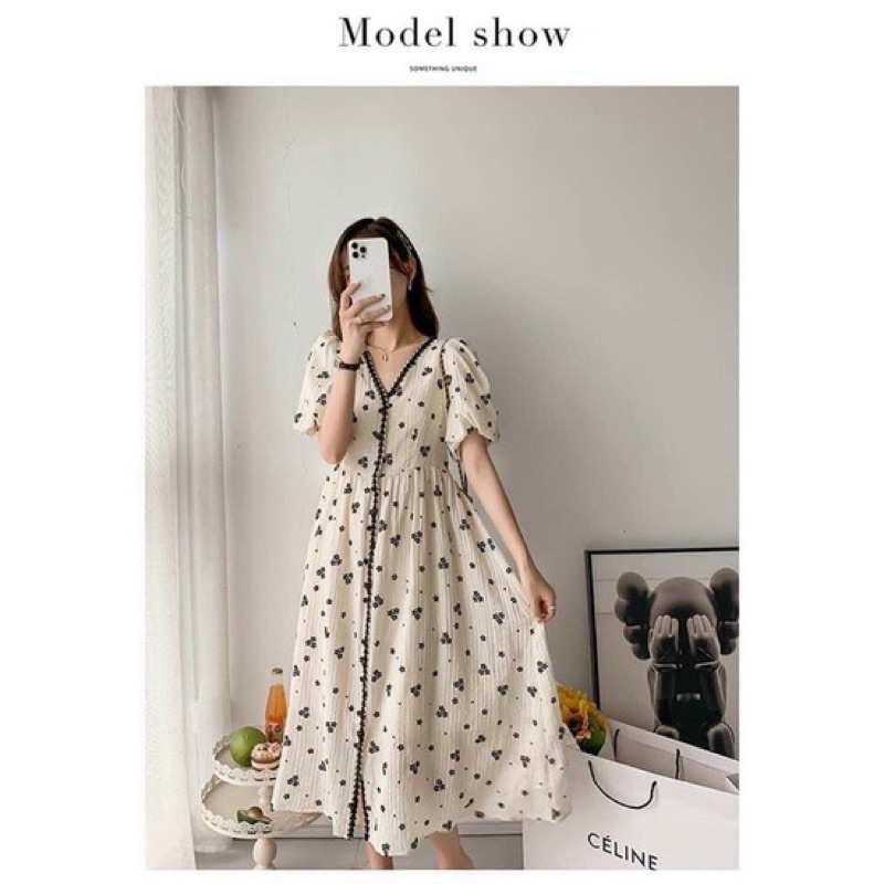 Váy bầu hoa khuy siêu xinh,dáng xuông,phong cách hàn quốc, mặc đi làm đi chơi đều được ,freesize 43-68kg VB13