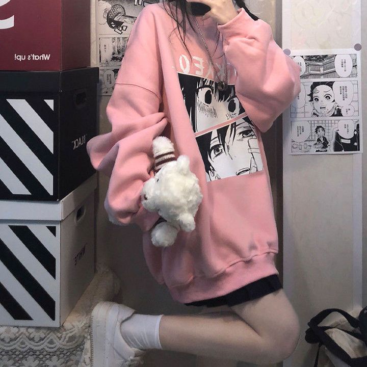 Áo sweater Cổ Tròn Dáng Rộng In Họa Tiết anime Nhật Bản Thời Trang Cho Nữ