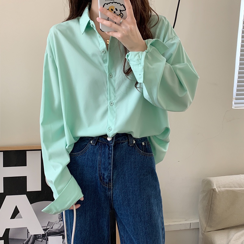 SUXI Áo sơ mi nữ tay dài cổ bẻ đơn giản phong cách Hàn Quốc