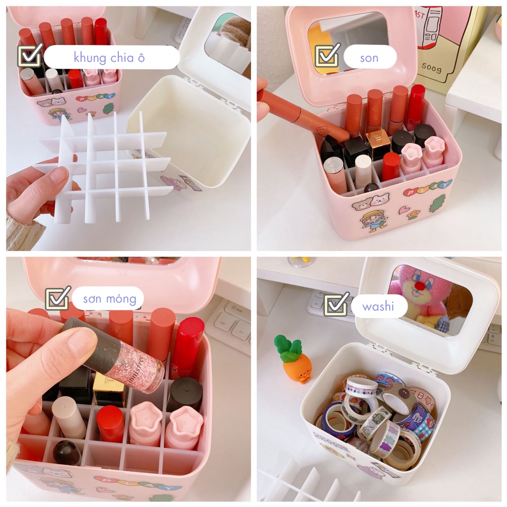 Hộp Đựng Son Để Bàn Lipstick Box Kèm Gương (Kèm sticker)