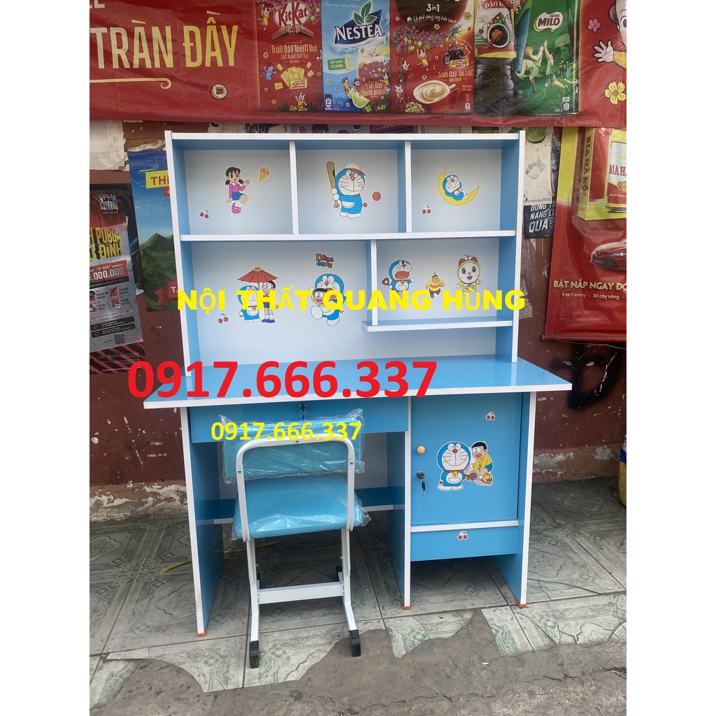 Bộ bàn ghế học sinh màu xanh dương ngang 1m tặng kèm hình dán doraemon - free ship