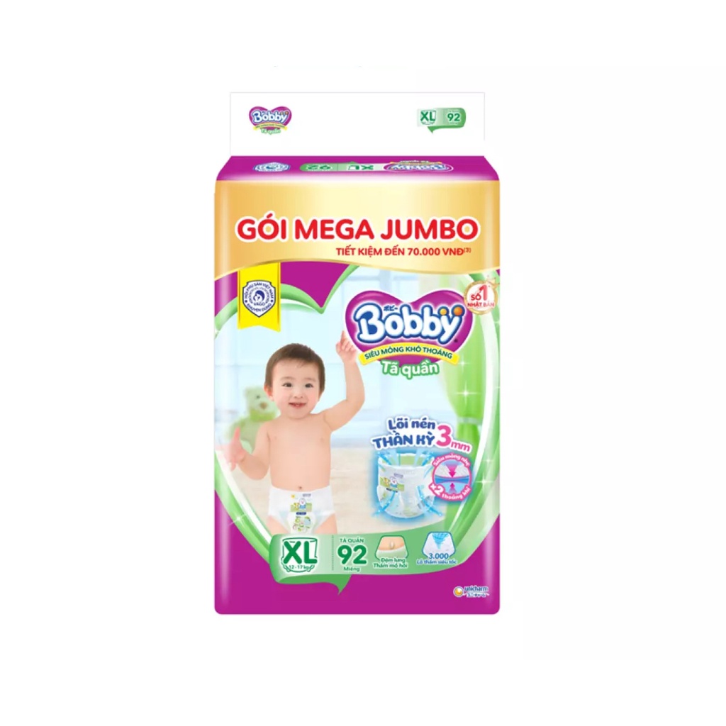 Tã Quần Bobby Mega Jumbo M120/L104/XL92/XXL84 Gói Lớn Siêu Tiết Kiệm.