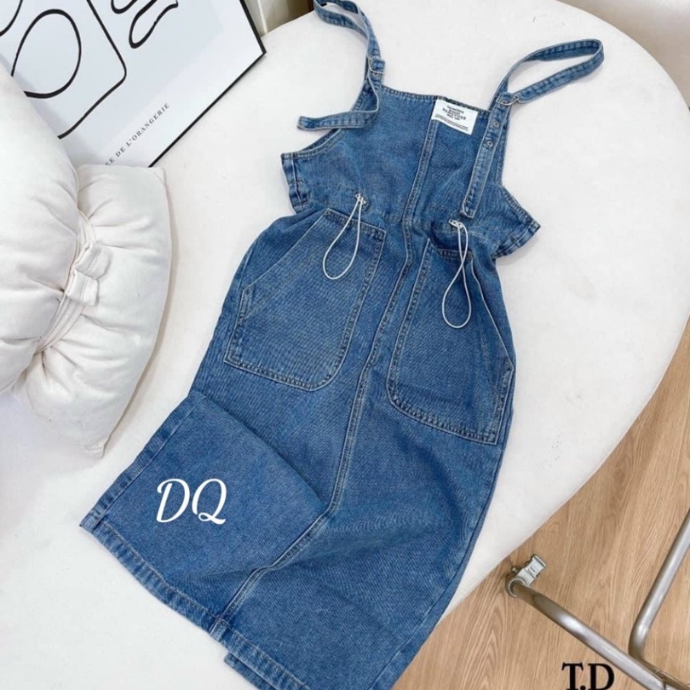 Yếm Váy Jean Nữ Chất Bò Form Dài Phối Dây Rút Eo Túi Phía Trước, Yếm Bò Nữ Phong Cách Hàn Quốc