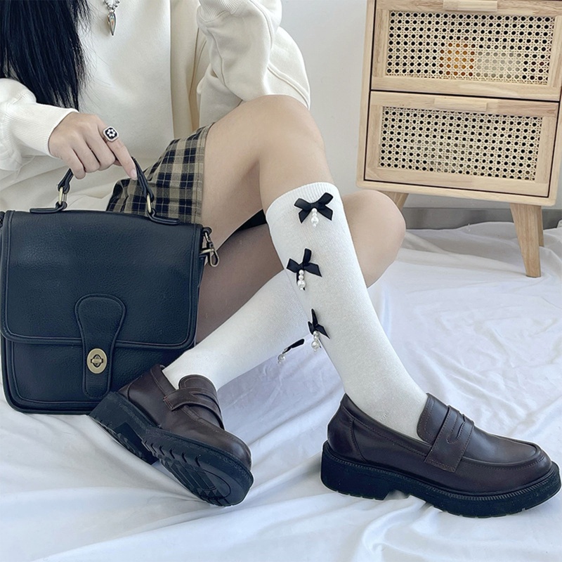 Tất Cotton Dài Qua Gối Đính Nơ Ngọc Trai Phong Cách Lolita