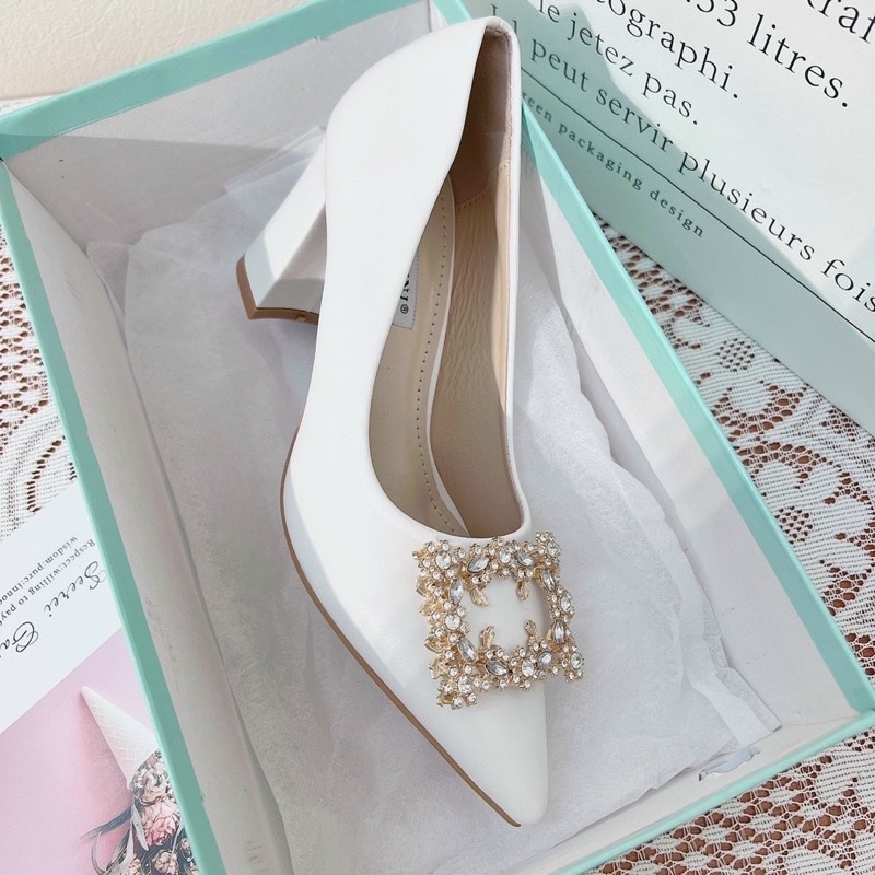 Giày cao gót nữ bít mũi hoa đá, giày cao gót mũi nhọn hoa đá 7cm mã H168