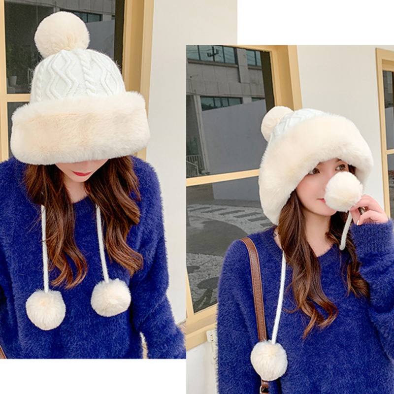 Mũ Len Dày Dặn Giữ Ấm Mùa Đông Chống Gió Màu Trơn Gắn Quả Bông Dễ Thương Cho Nữ