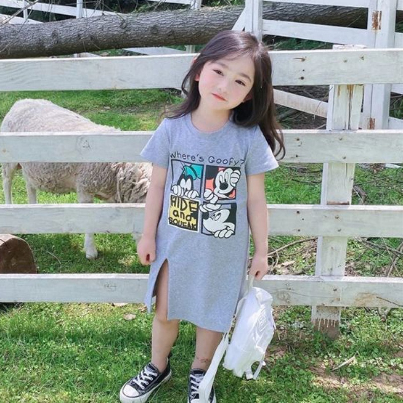 Đầm Thun Dài Tay Ngắn Phong Cách Hàn Quốc Cho Bé Gái