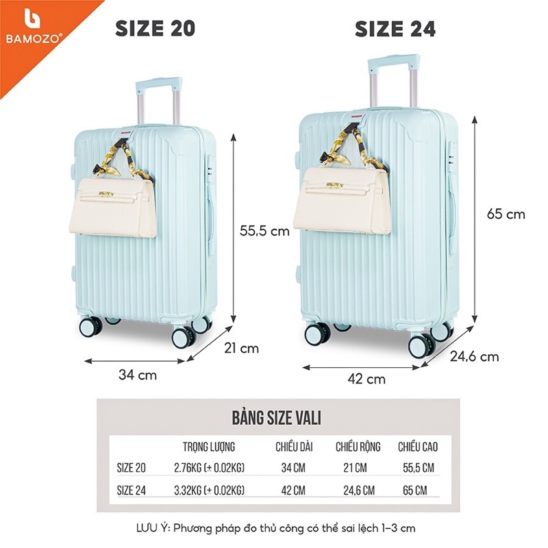 Vali Kéo Du Lịch Cao Cấp Giá Rẻ Bền Đẹp Size 20 Size 24 Inch Nhựa Chống Va Đập Trầy Xước Bảo Hành 5 Năm Bamozo 8801