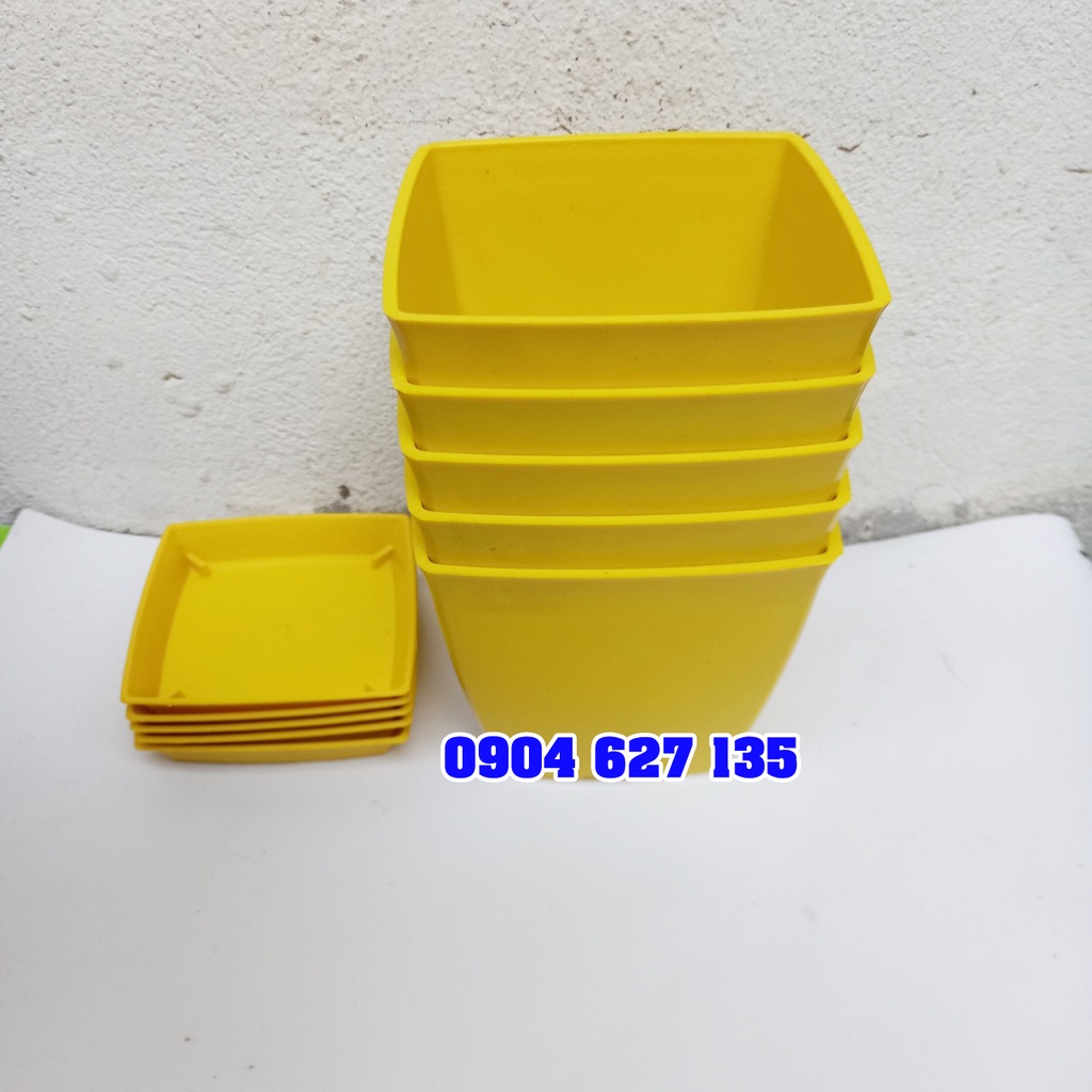 Combo 5 chậu vuông v12 kèm 5 đĩa trồng cây, Chậu nhựa vuông trồng cây
