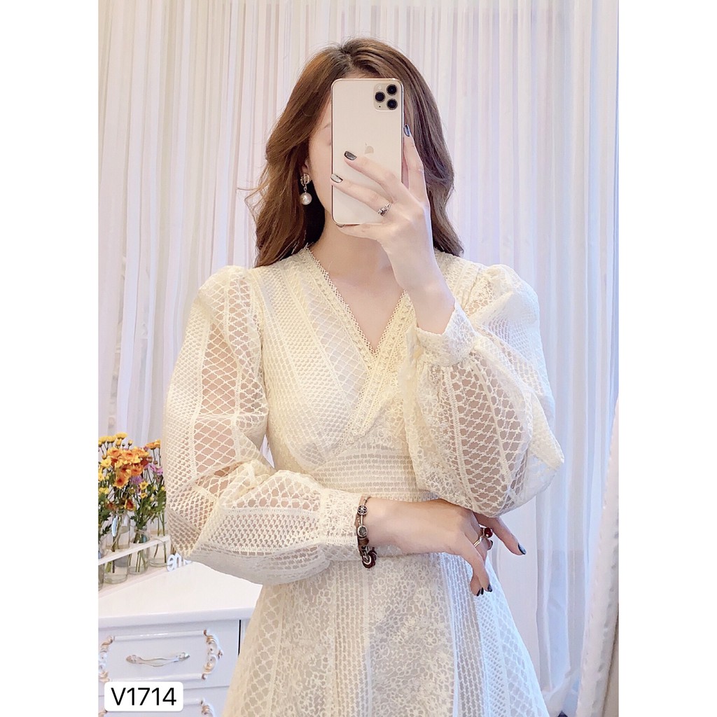 Váy kem ren xòe thiết kế V1714 - DVC Dolce Viva Colection Authentic ( Ảnh mẫu và ảnh trải sàn do shop tự chụp )