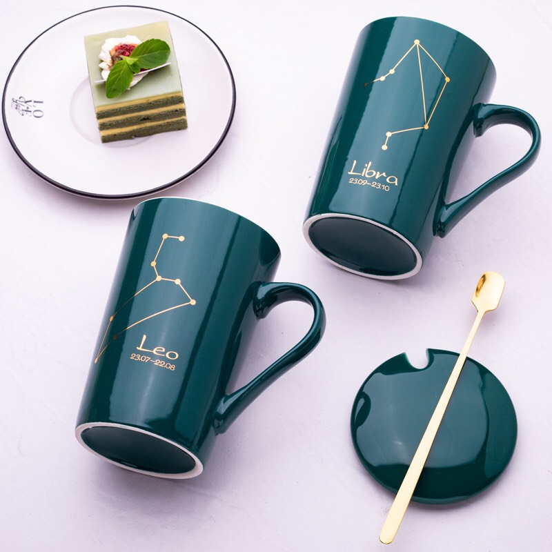 Ly cốc sứ xanh ngọc 12 cung hoàng đạo dung tich 450ml có nắp đậy, tặng kèm thìa dùng để pha trà, cafe - Ráp