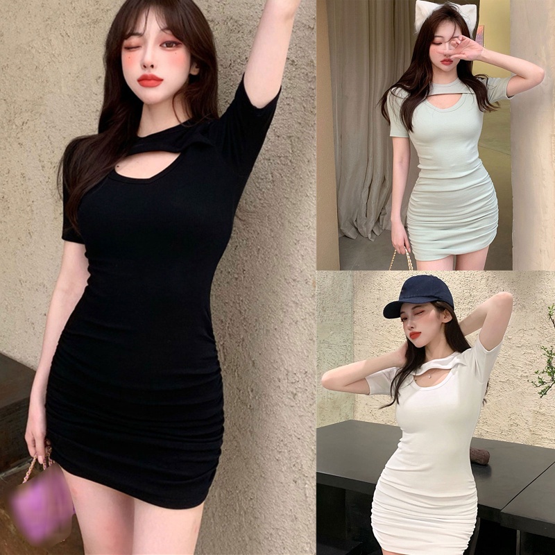 Đầm Mini Tay Ngắn Cổ Tròn Màu Sắc Đơn Giản Thời Trang Mùa Hè Quyến Rũ Cho Nữ