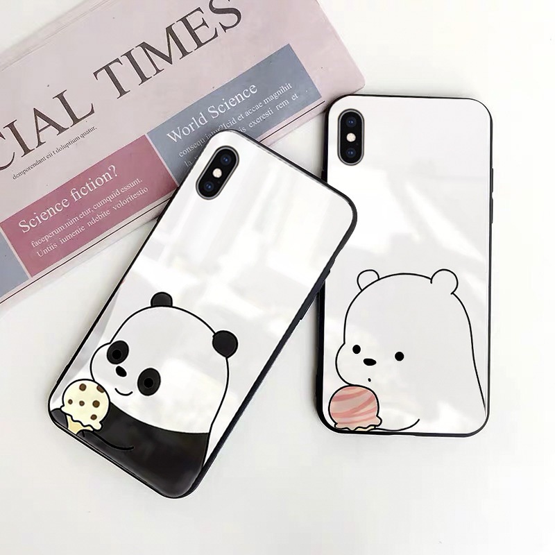 Ốp lưng iphone kính cặp đôi gấu cầm kem case 14plus 14 pro max 13 12 promax 11 mini 6 6s 7 8 plus x xr xs Se