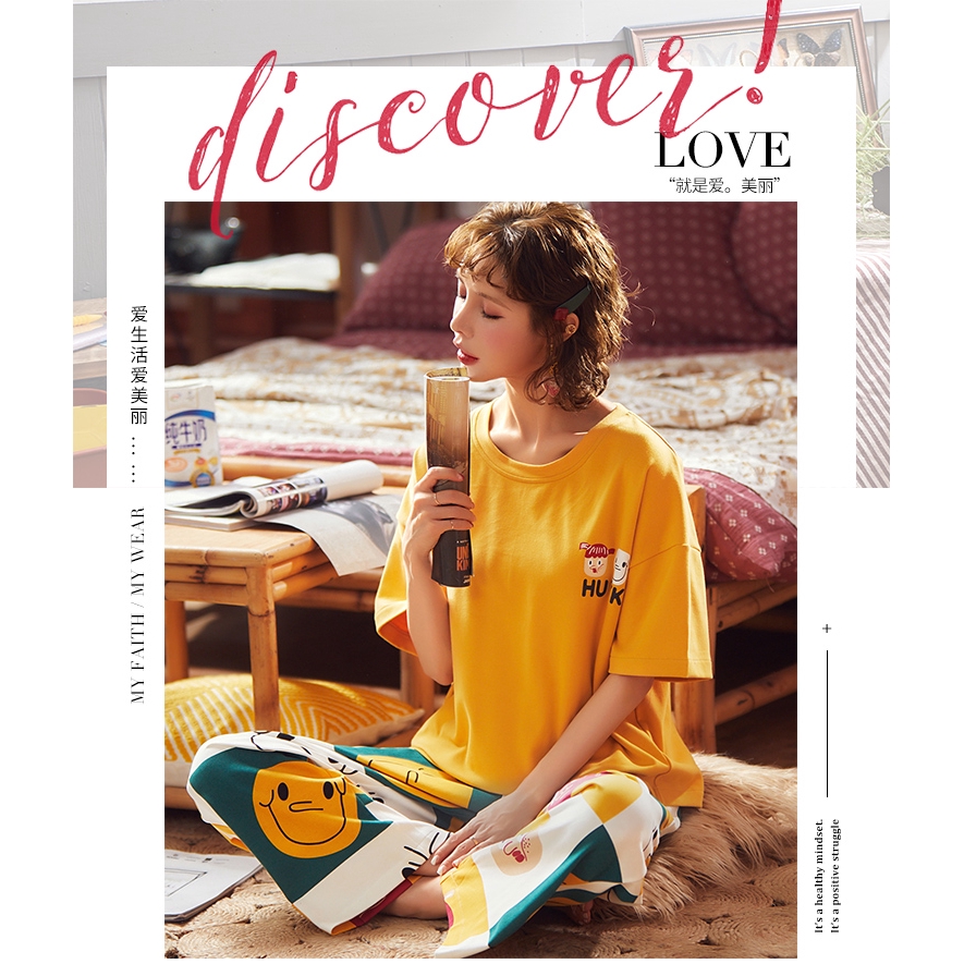 Set Đồ Ngủ Cotton Ngắn Tay In Họa Tiết Hoạt Hình Xinh Xắn Dành Cho Nữ | BigBuy360 - bigbuy360.vn