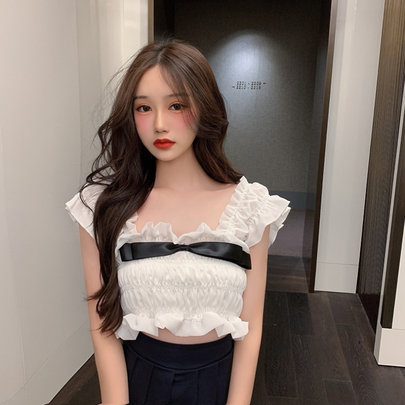 Summer French Bow Sleeveless Top Short Pleated Women's Suspender Crop Top