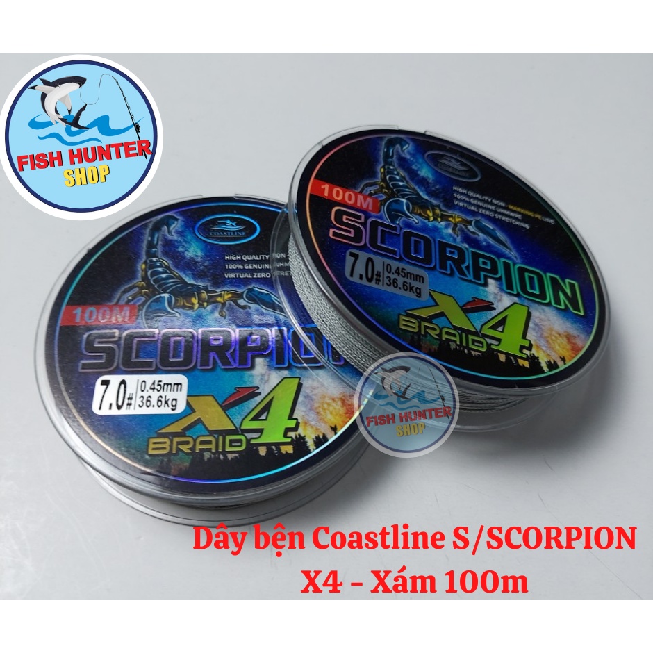 Dây dù câu cá Coastline Scorpion X4 Xám 100m/ Dây bện Scorpion X4 Xám 100m