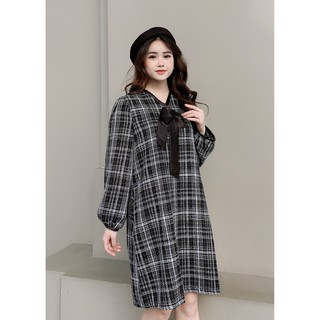 Váy suông dạ Tweed cổ nơ dáng đầm xuông rộng freesize, mã V963 - Michi's House