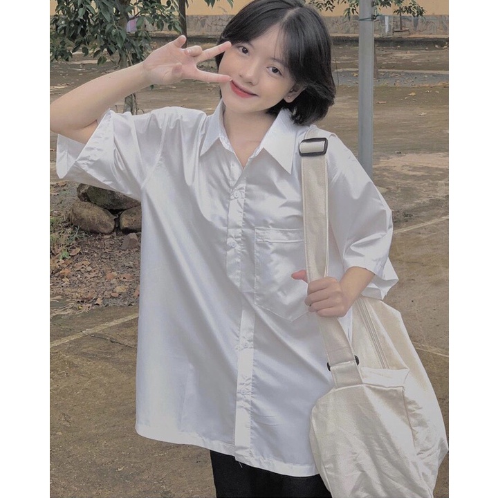 Áo sơ mi trắng trơn form rộng unisex, áo sơ mi tay ngắn có túi chất vải trơn mềm mịn