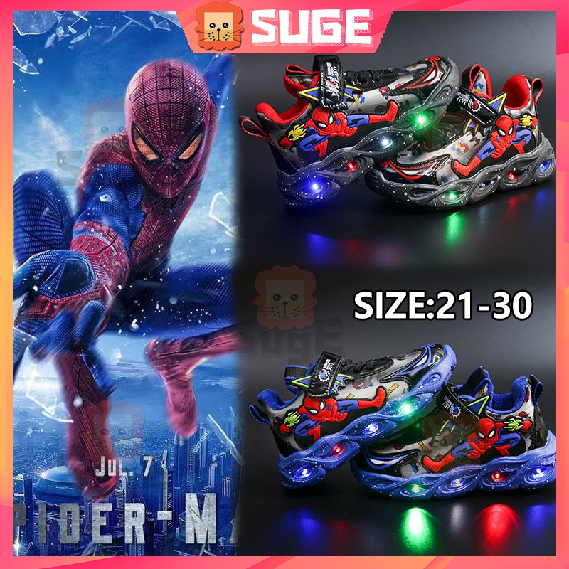 【Suge】Giày Thể Thao Đế Mềm Chống Trượt Họa Tiết Người Nhện Có Đèn LED Dạ Quang Thời Trang Cho Bé Trai