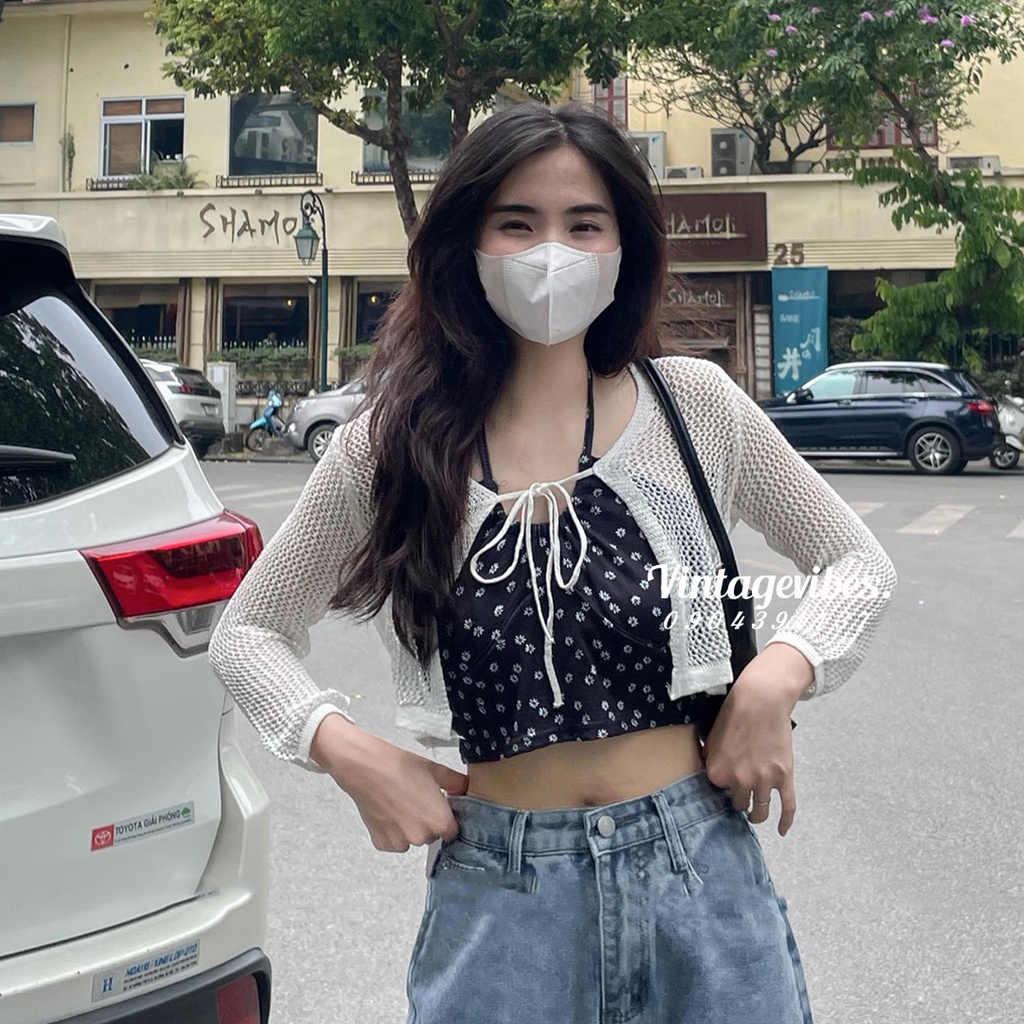 Set áo Hàn Quốc, Set áo 2 dây hoa nhí kèm áo cardigan dệt kim mỏng cá tính style Ulzzang