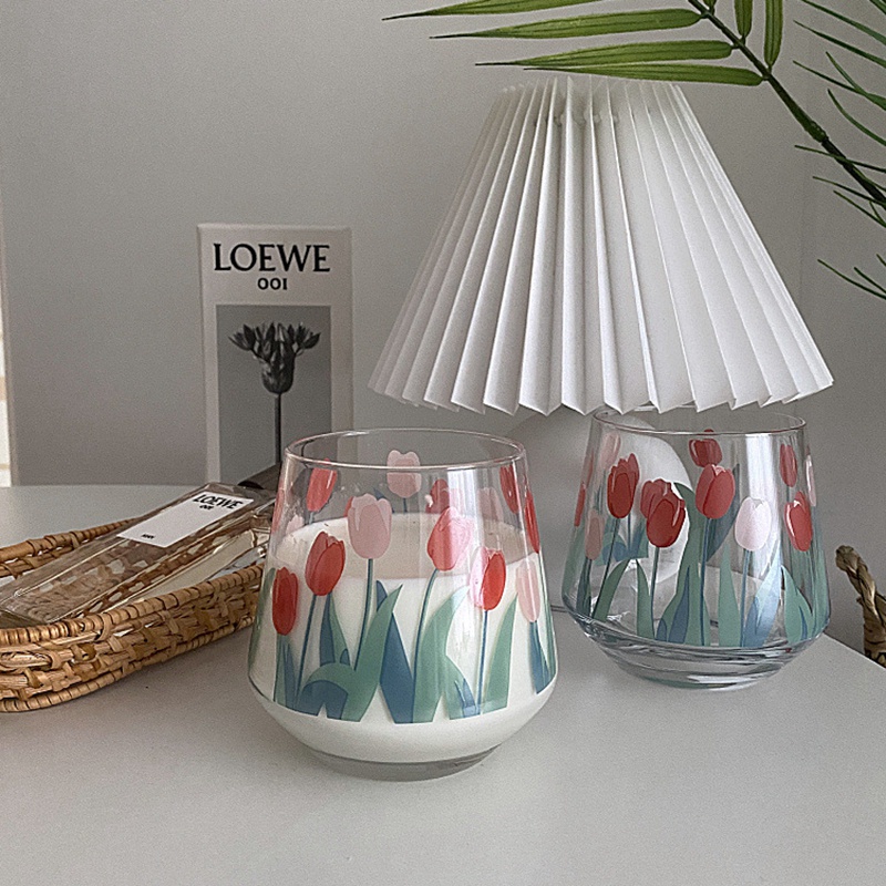 Ly Thủy Tinh 390Ml Họa Tiết Hoa Tulip Xinh Xắn Đơn Giản